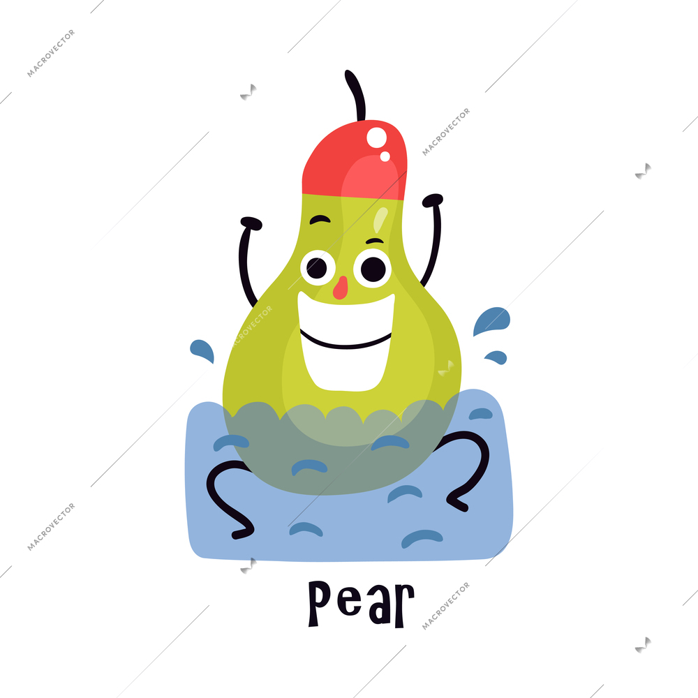 Funny cartoon cheerful pear character doing sport swimming in pool vector illustration