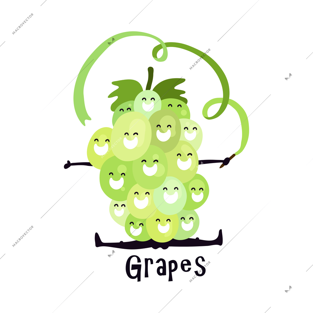 Funny cartoon grapes character doing sport splits rhythmic gymnastics vector illustration