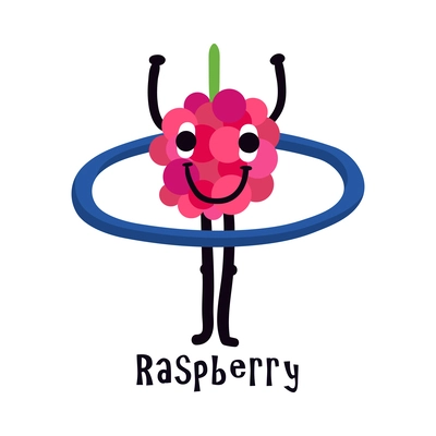 Cute cartoon raspberry character doing sport with hula hoop vector illustration