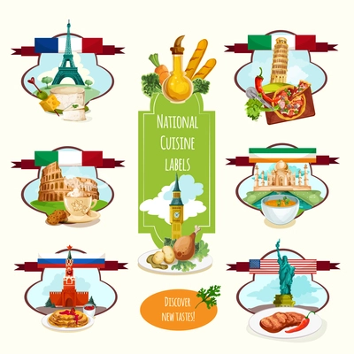 National cuisine paper labels set with travel landmarks and food isolated vector illustration