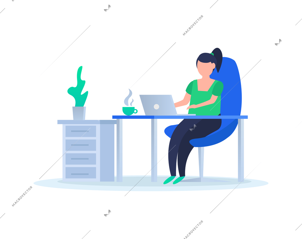 Female office worker at desk with cup of coffee working on laptop flat vector illustration