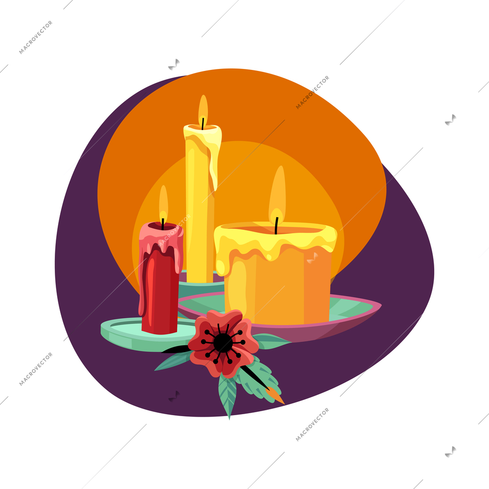 Dead day celebration flat composition with burning candles and flower vector illustration