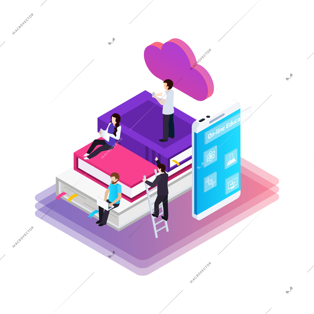 Elearning virtual library isometric concept with students using various gadgets to study online 3d vector illustration