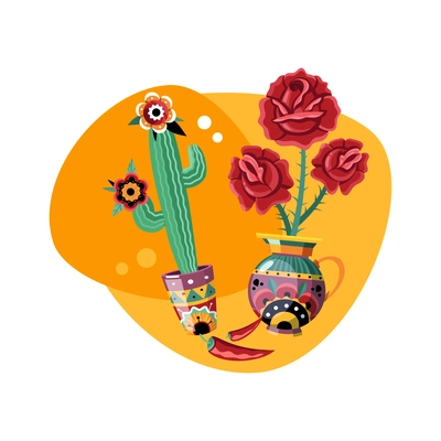 Dead day celebration colorful composition with cactus flowers and chili pepper flat vector illustration