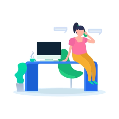 Woman talking on phone sitting on desk at her workplace flat vector illustration