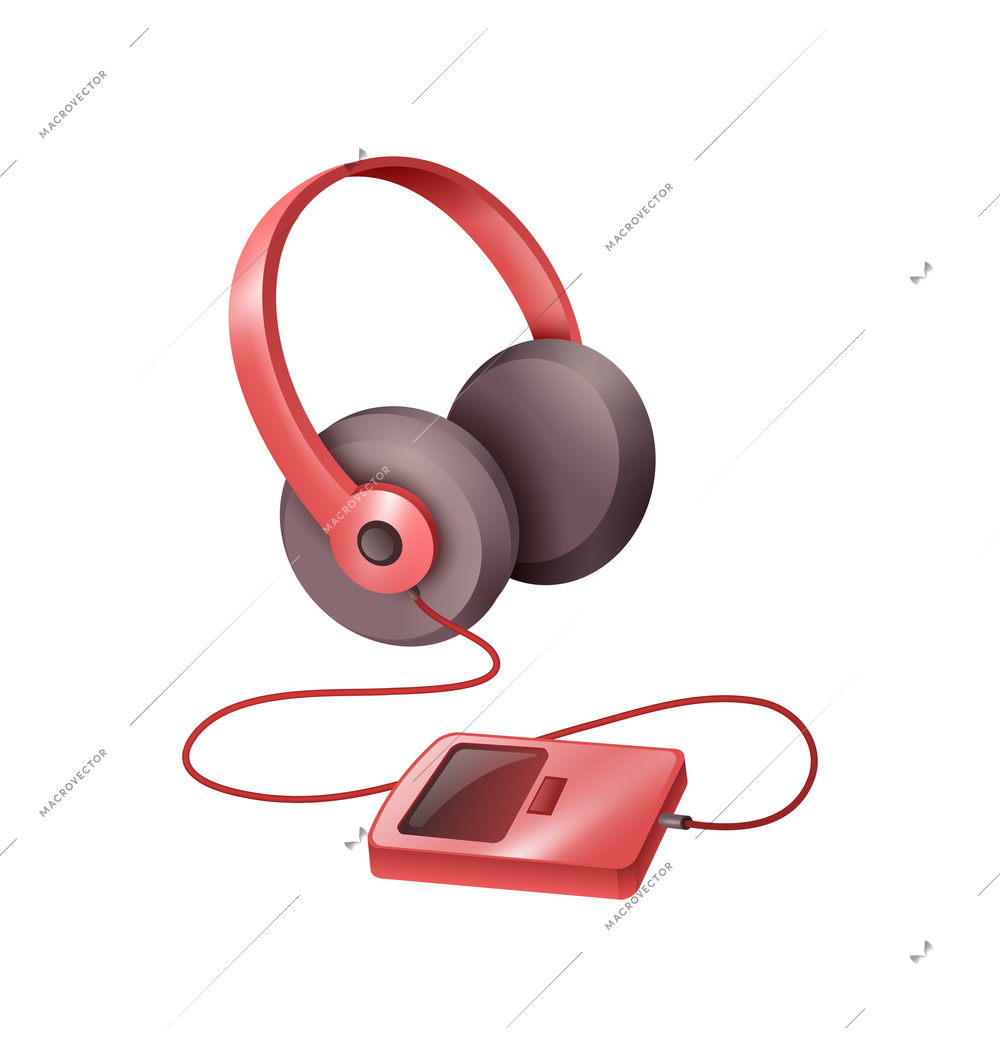 Pink portable mp3 player with wired headphones realistic vector illustration