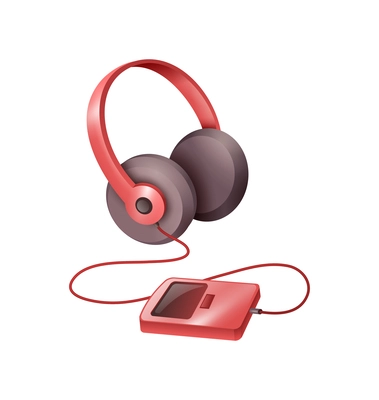 Pink portable mp3 player with wired headphones realistic vector illustration