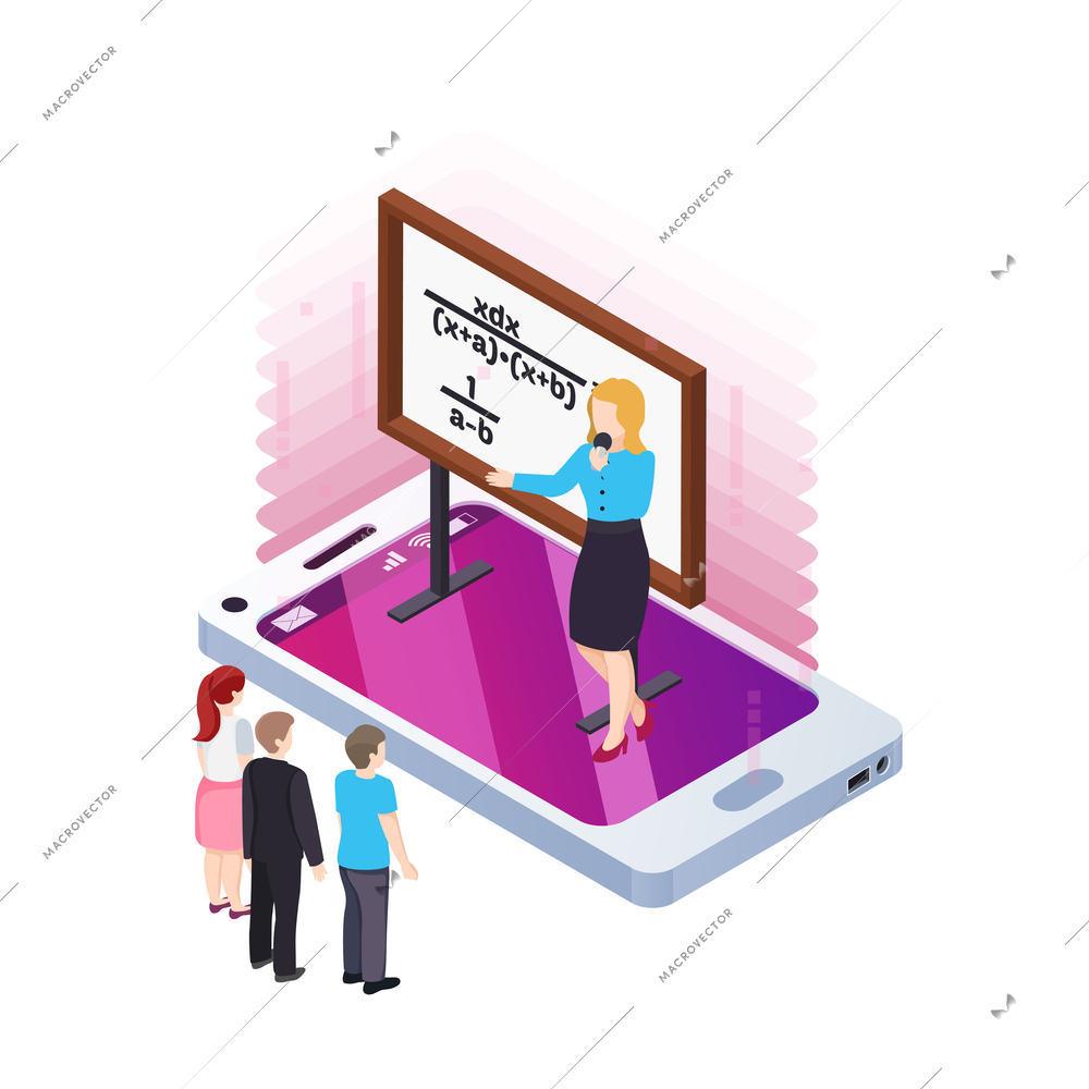 Elearning isometric concept with students listening to online tutor on smartphone 3d vector illustration