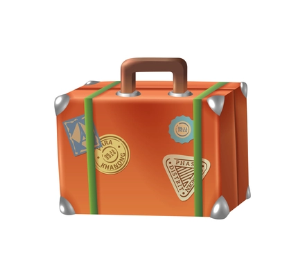 Realistic travel suitcase with stamps on white background vector illustration