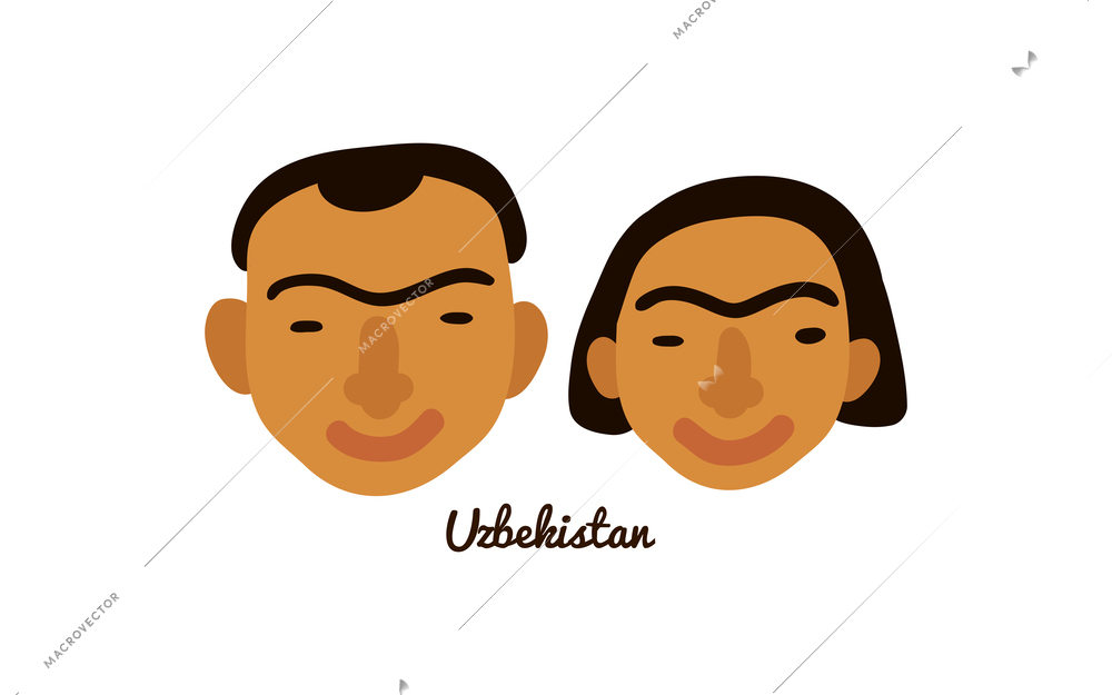 Two flat male and female human faces from uzbekistan vector illustration