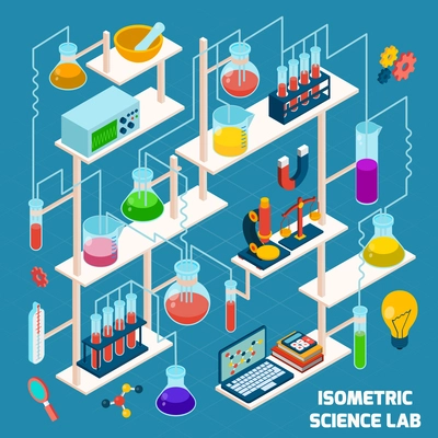 Isometric science lab research process with chemistry and physics 3d icons vector illustration