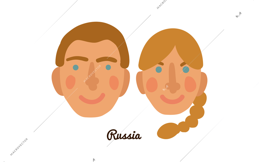 Two flat male and female human faces from russia vector illustration