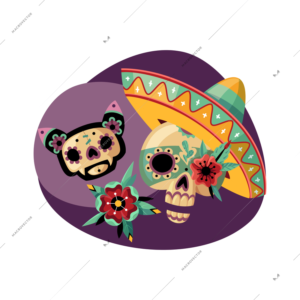 Dead day celebration flat composition with skulls flower and sombrero vector illustration