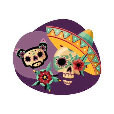 Dead day celebration flat composition with skulls flower and sombrero vector illustration