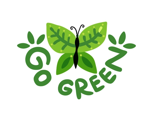 Go green ecological restoration flat emblem with butterfly vector illustration