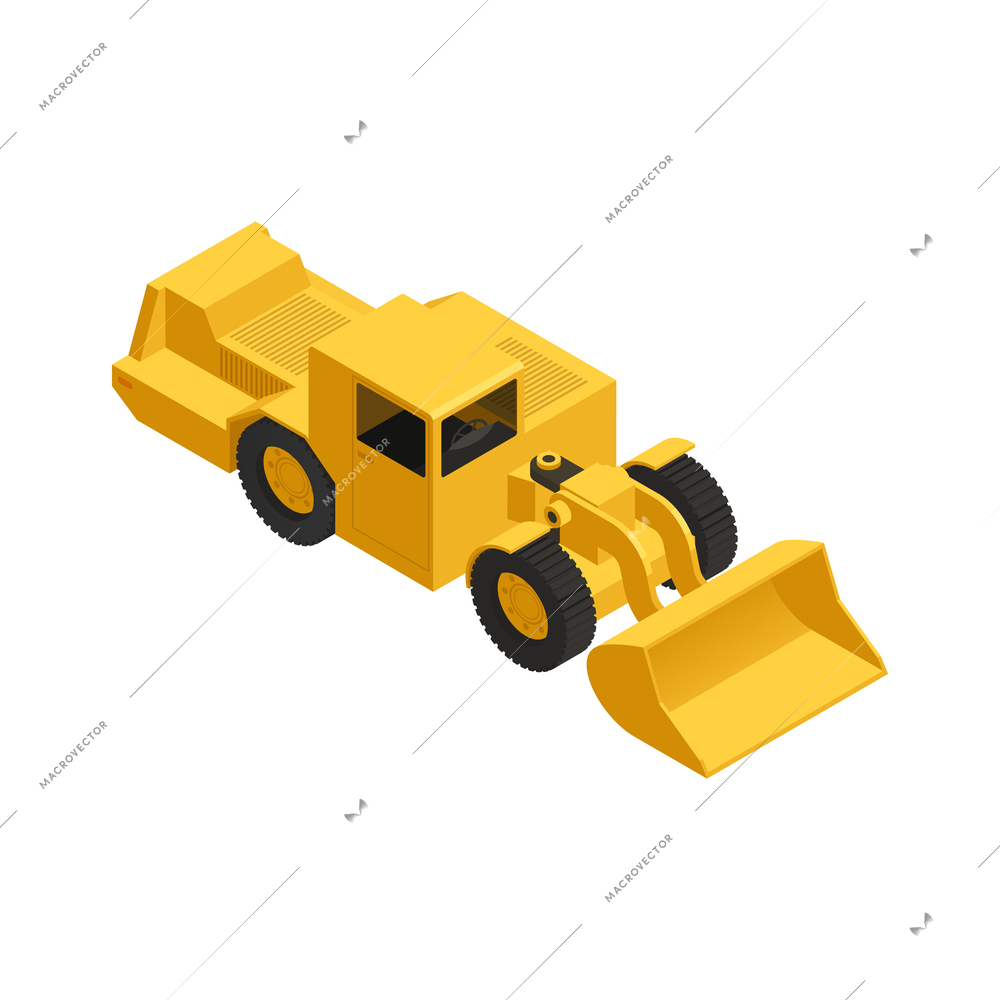 Isometric mining machinery coal industry icon with yellow excavator 3d vector illustration