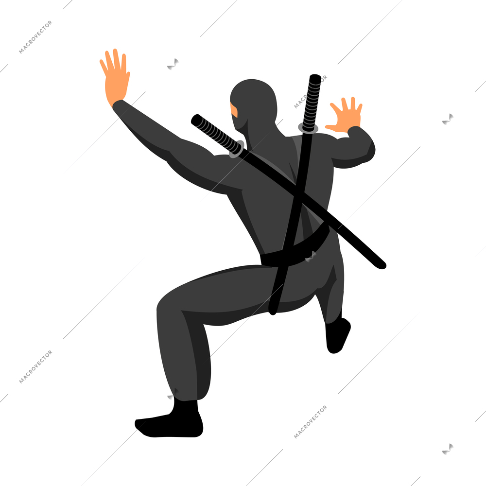 Isometric character of ninja with katanas back view 3d vector illustration