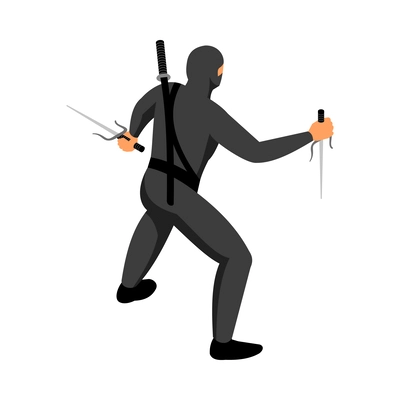 Isometric ninja practising with katana and sai 3d vector illustration