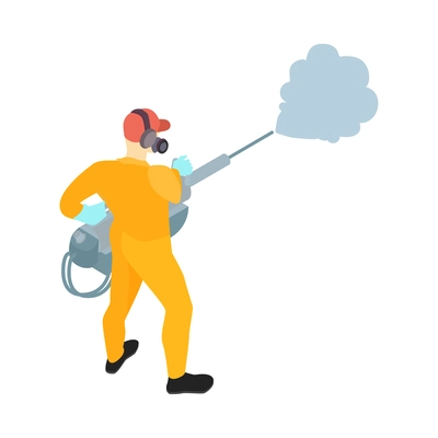 Isometric pest control service worker wearing protective suit using spray pesticide vector illustration