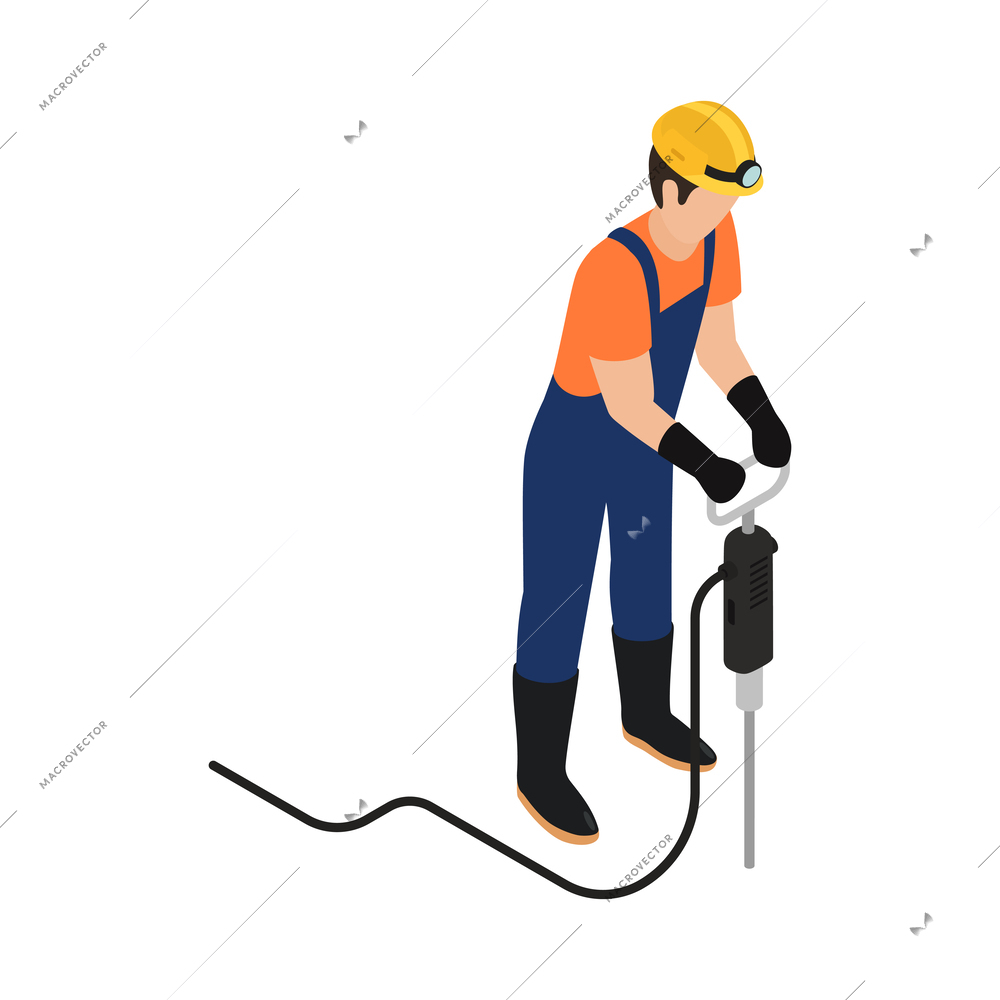 Isometric miner working with drill 3d vector illustration