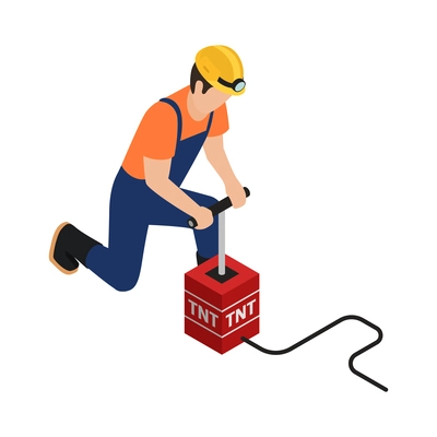 Isometric miner doing blasting work 3d vector illustration