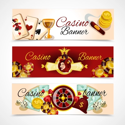 Casino horizontal banner set with roulette dice blackjack poker elements isolated vector illustration