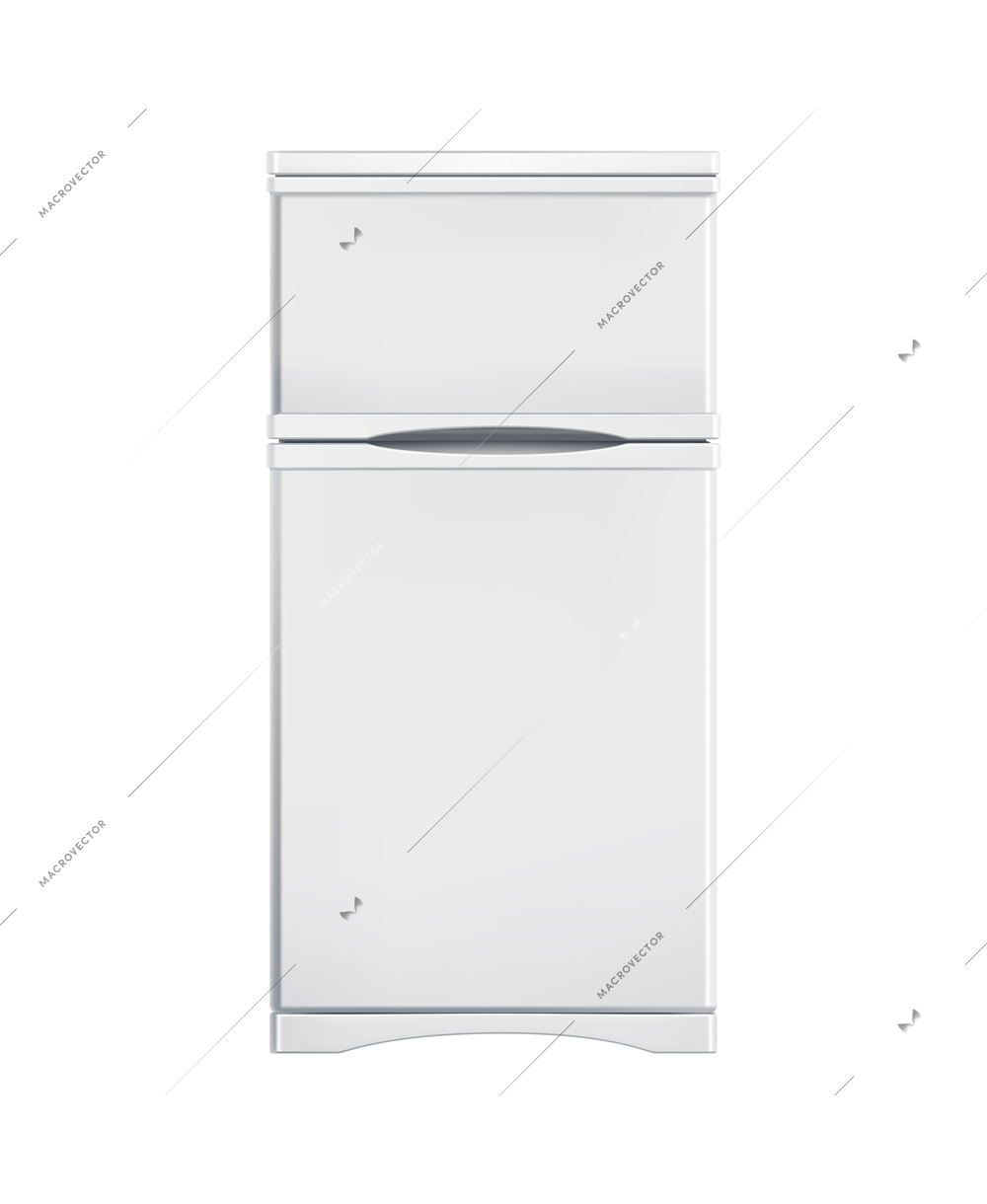 Realistic top freezer fridge front view on white background vector illustration