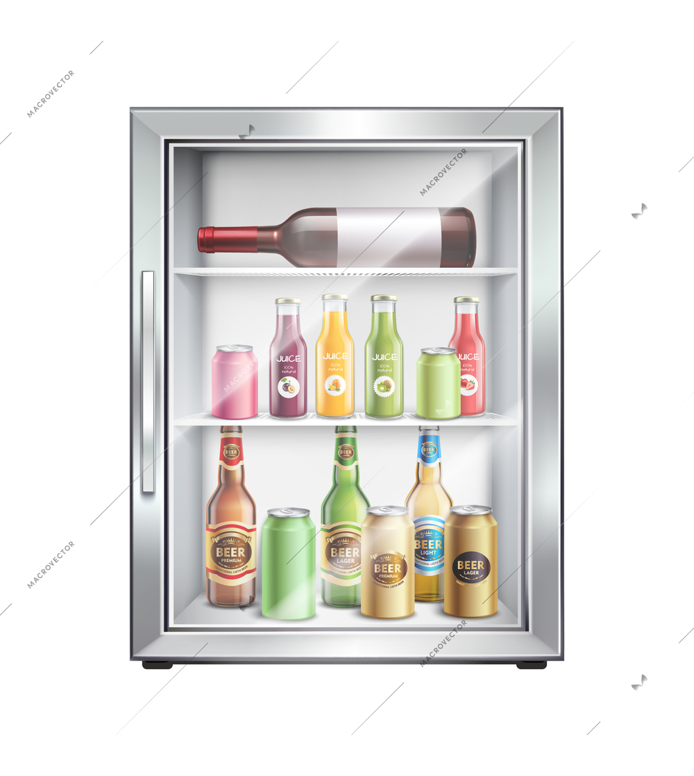 Realistic fridge for drinks with glass transparent door with bottles and cans vector illustration