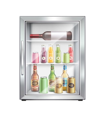 Realistic fridge for drinks with glass transparent door with bottles and cans vector illustration