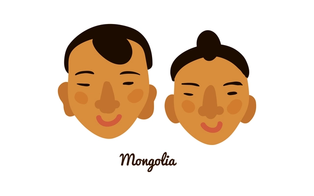 Two flat male and female human faces from mongolia vector illustration