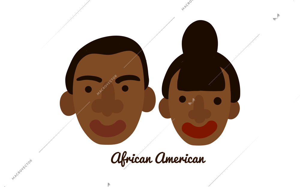 Two flat african american male and female human faces vector illustration