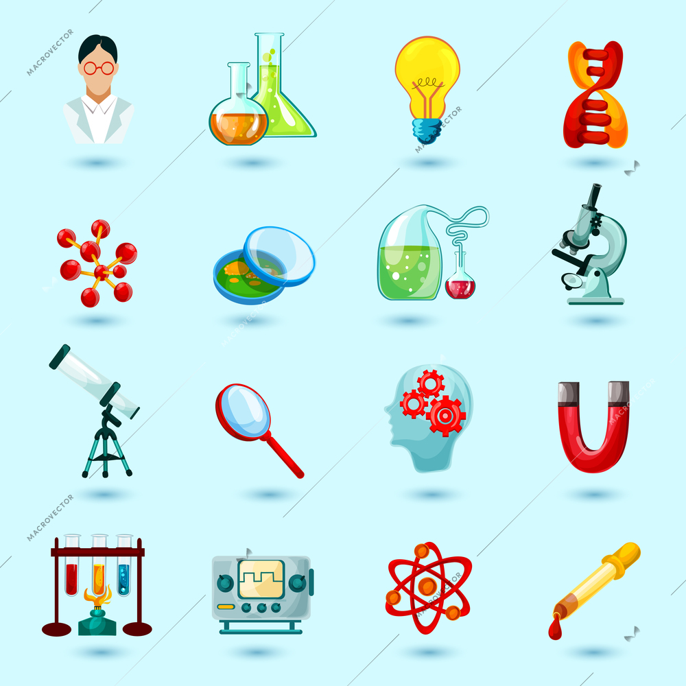 Science icons set with scientist laboratory flask lightbulb dna structure isolated vector illustration