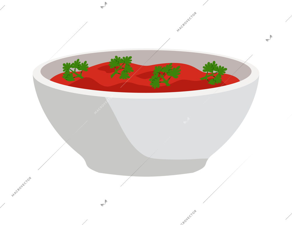 White bowl of borsch with parsley flat icon vector illustration