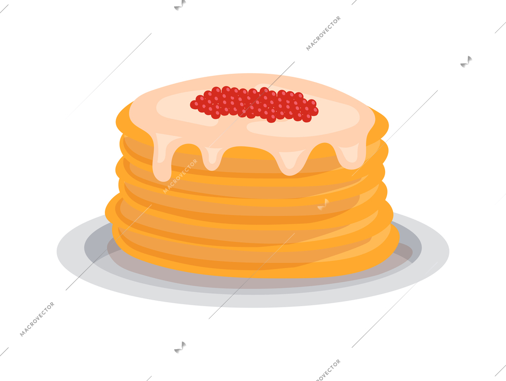 Plate of russian blini with red caviar flat icon vector illustration