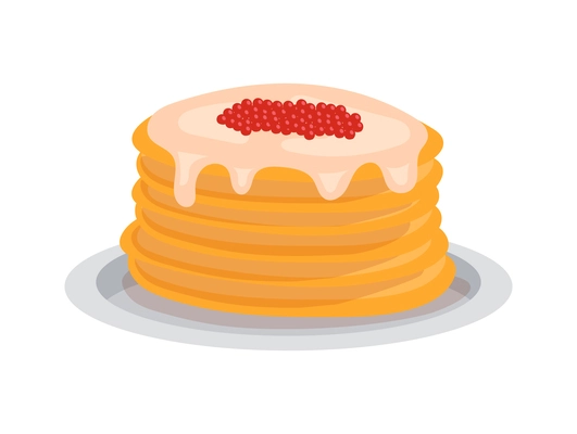 Plate of russian blini with red caviar flat icon vector illustration