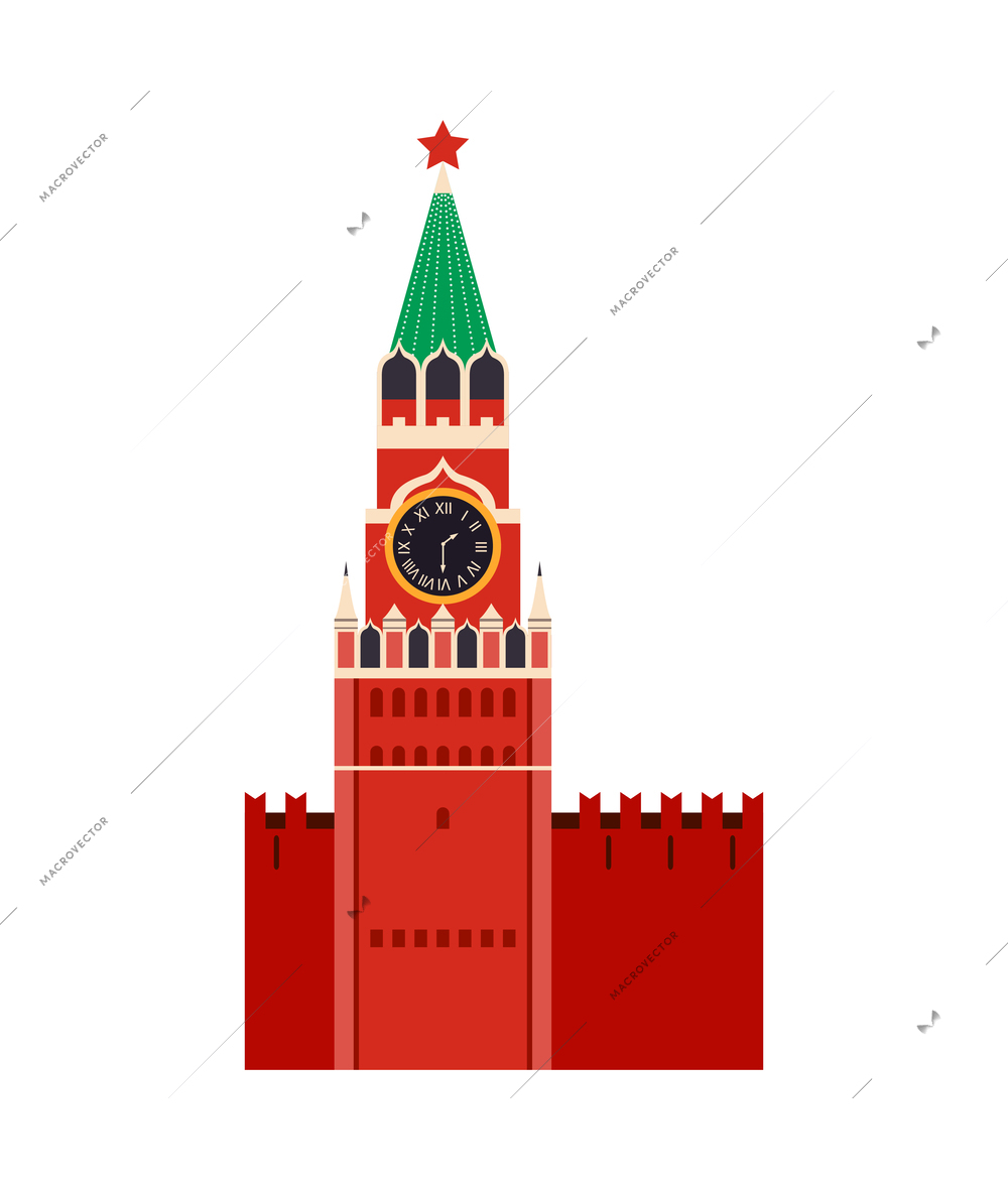 Kremlin building spasskaya tower front view flat vector illustration