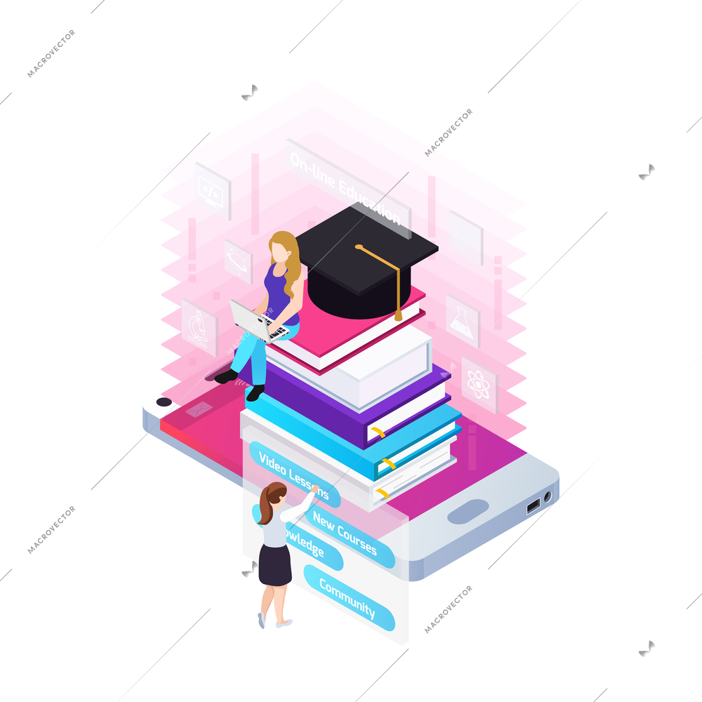 Isometric concept of elearning virtual library distance education with books and students 3d vector illustration