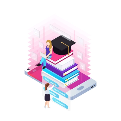 Isometric concept of elearning virtual library distance education with books and students 3d vector illustration