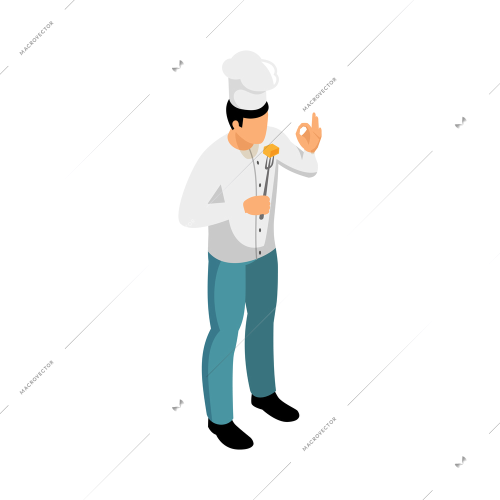 Chef tasting piece of dish on fork 3d isometric vector illustration