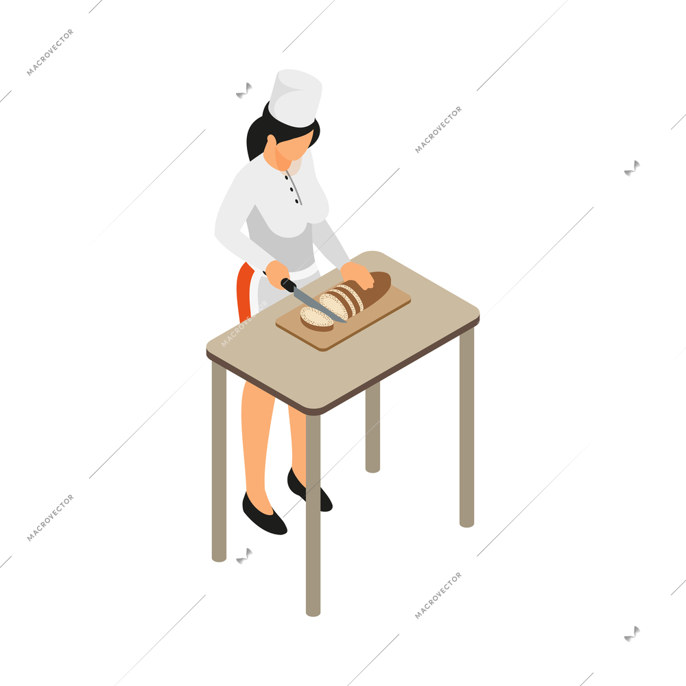 Female chef cutting bread on board 3d isometric vector illustration