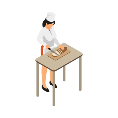 Female chef cutting bread on board 3d isometric vector illustration