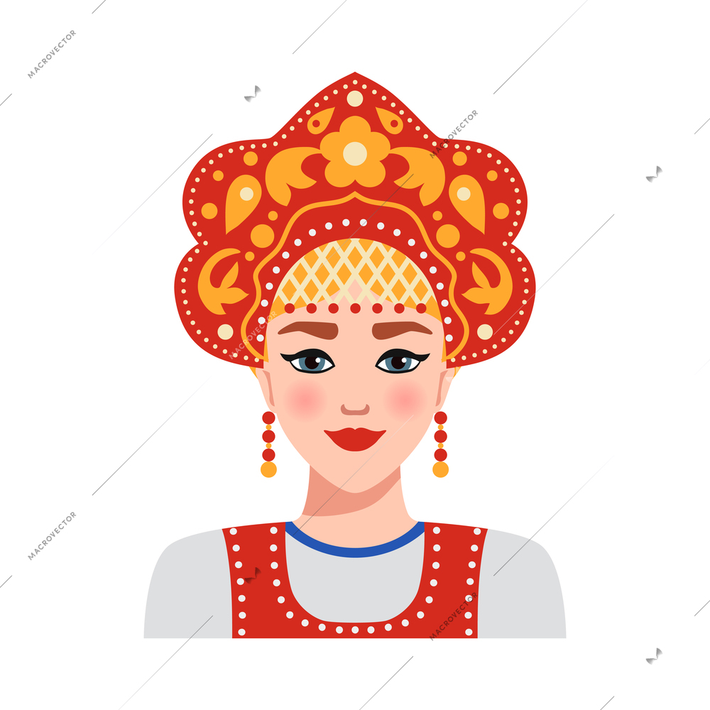 Flat portrait of beautiful woman wearing russian national costume vector illustration