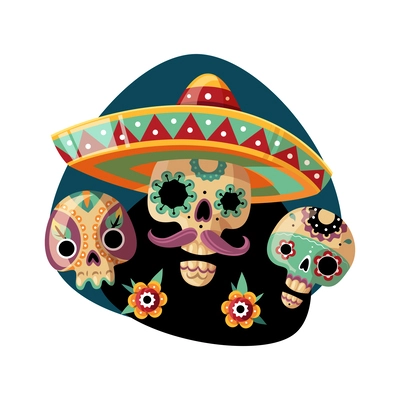 Flat dead day holiday celebration composition with mexican skulls and flowers vector illustration