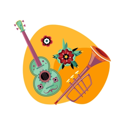 Dead day mexican holiday flat composition with traditional musical instruments and flowers vector illustration