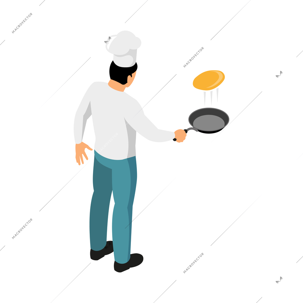 Isometric male chef flipping pancake on frying pan back view 3d vector illustration