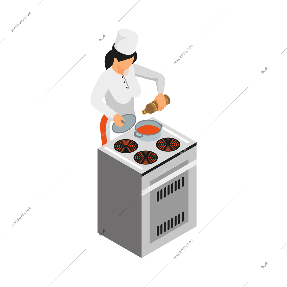Isometric female chef cooking soup or sauce on cooker 3d vector illustration