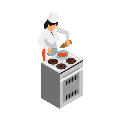 Isometric female chef cooking soup or sauce on cooker 3d vector illustration