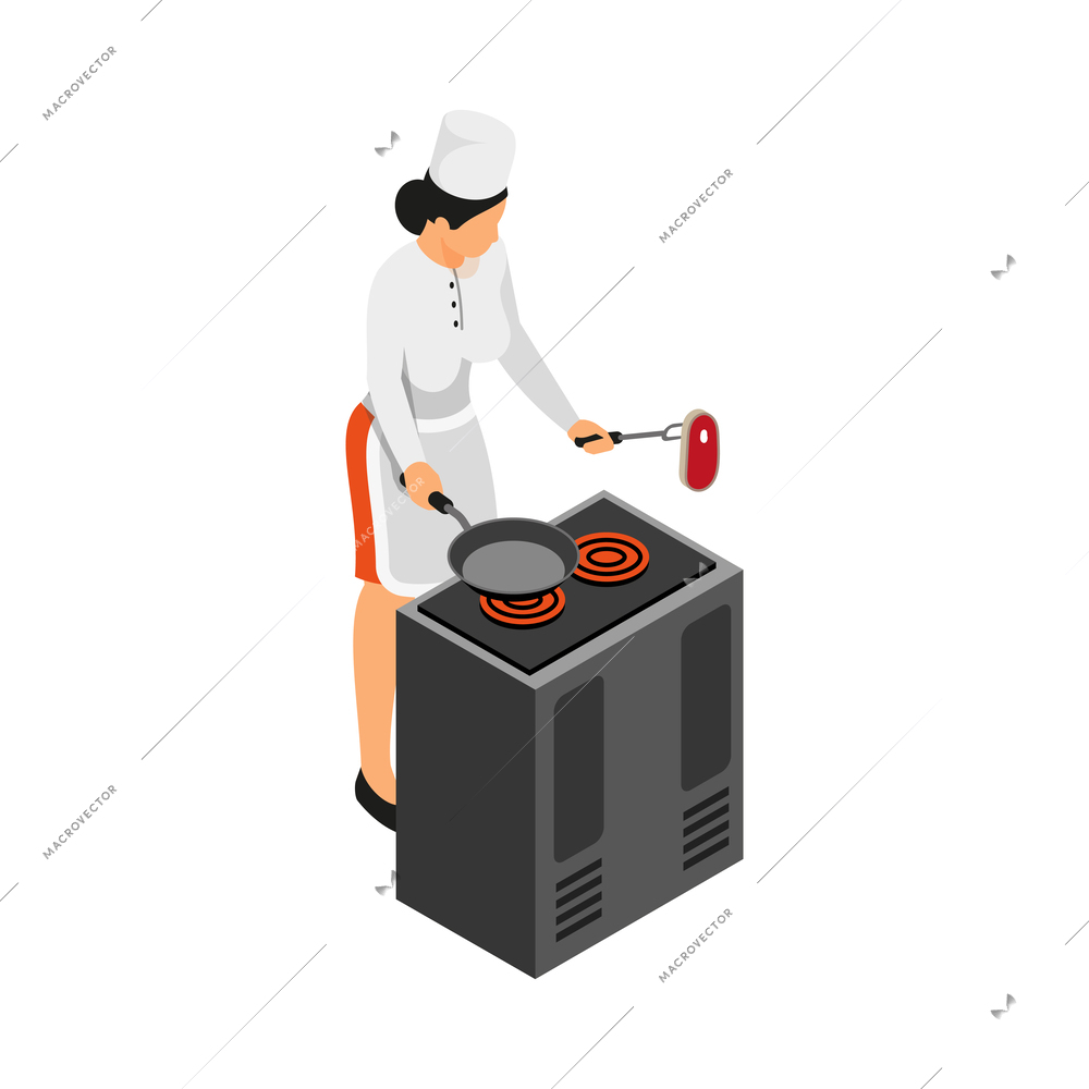 Isometric female chef cooking beef steak on cooker 3d vector illustration