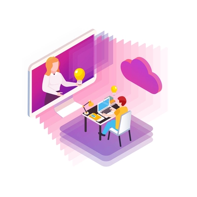 Elearning isometric concept with student studying online with distant tutor 3d vector illustration