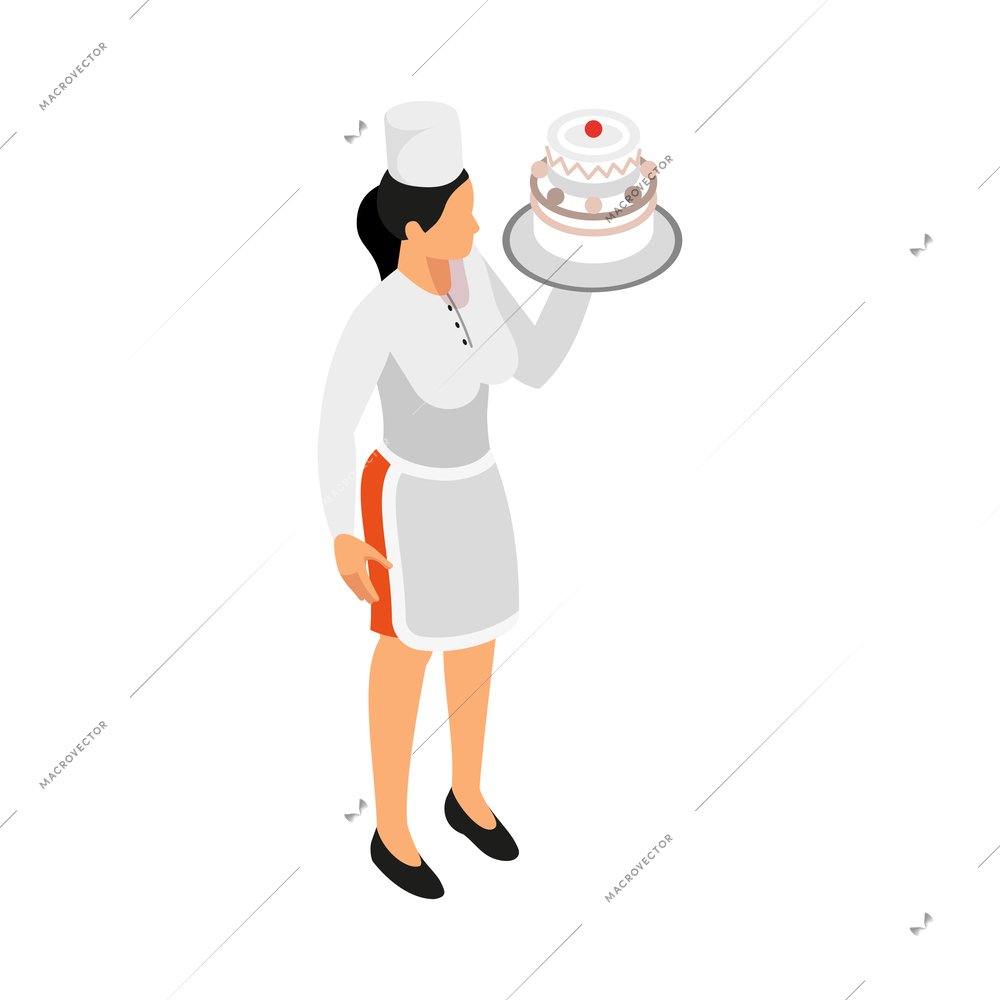 Female chef holding plate with cake 3d isometric vector illustration